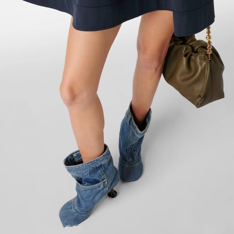 2024 Foreign Trade Autumn and Winter New Square Toe Irregular Heel High Heel Cowboy Boots European and American Large Size Fashion Women's Short Boots