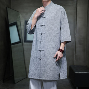 2025 Summer New Chinese Style Men's Cotton and Linen Long Chinese Shirt plus size Retro Trendy Loose Shirt for Men