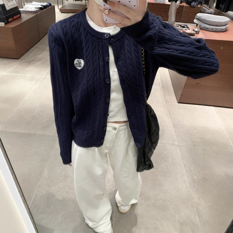 Navy Blue Ins Preppy Style Twist Knitted Cardigan Women's Spring and Autum Niche Embroidered Korean Sweater Jacket Top