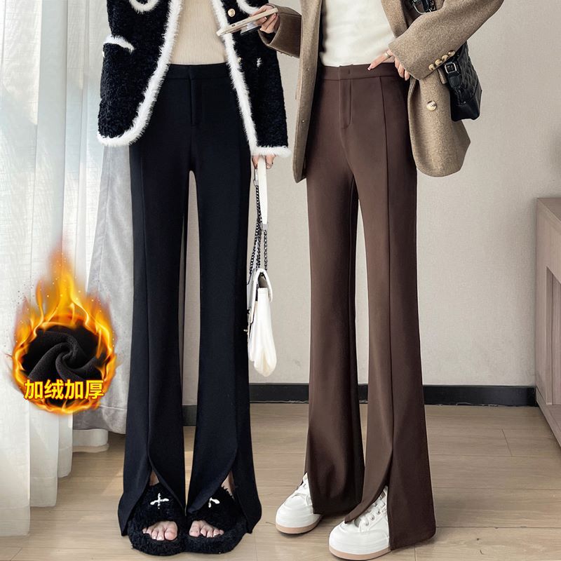 (2개) 비 다림질 딥 스플릿 핏 바지 여성의 가을 및 겨울 기모 높은 허리 슬리밍 마이크로 플레어 플러스 사이즈 캐주얼 바지
