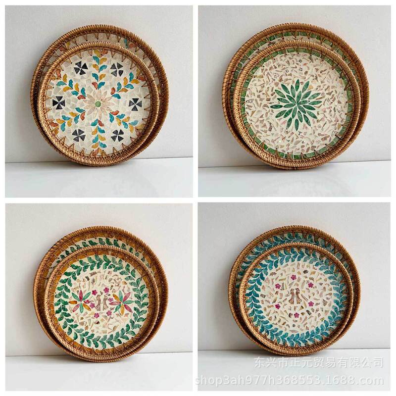 Rattan Shell Fruit Plate, Hand-Woven Rattan Tray, Storage and Display Plate, Home Living Room Snack Storage Tea Tray
