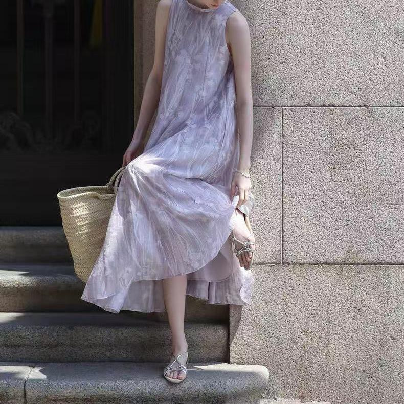 Mliliy 2025 Early Autumn New French Resort Style Stand-Up Collar Ribbon Sleeveless Purple Iris Dress