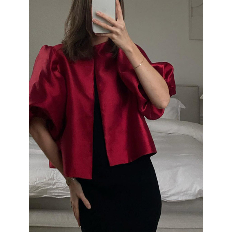 Ready Stock - Pure Color Puff Sleeve Satin Shirt European and American Cross-Border Elegant High-End Eye-Catching Comfortable Fashionable Short Outwear Ready Stock - Pure Color Puff Sleeve Satin Shirt European and American Cross-Border Elegant High-End Eye-Catching Comfortable Fashionable Short Outwear