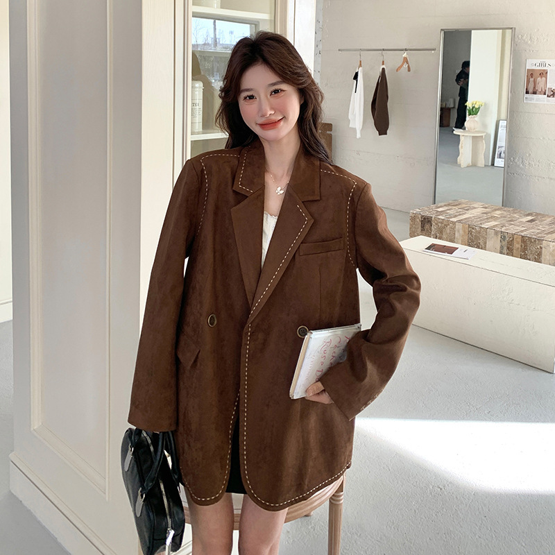 气质西装外套女2025春秋季新款休闲西服感棕色麂皮绒美拉德小个子|undefined