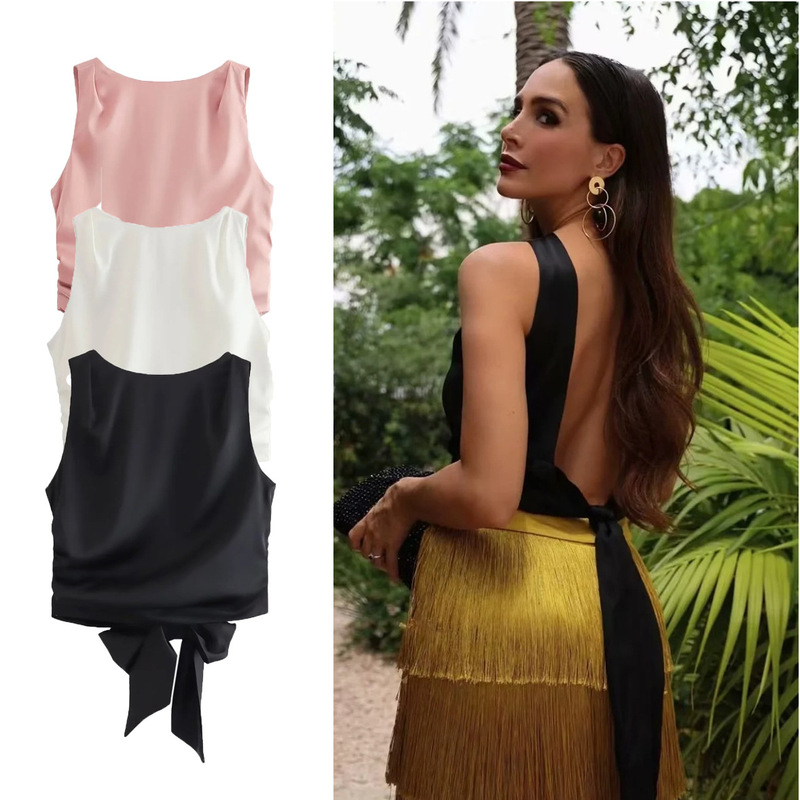 Cross-border Y2K2024 Summer Women's Clothing European and American-style Backless Tie-knot Pleated Short Top Women's Shirt 8SH8442