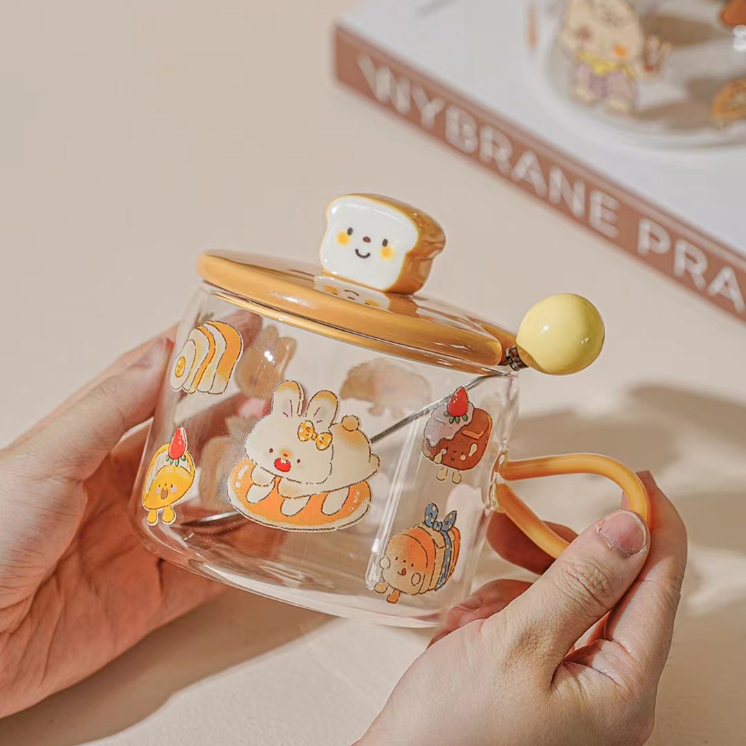 Creativo personalizado pan taza de agua de cristal de alta apariencia lindo animal de dibujos animados taza de regalo taza