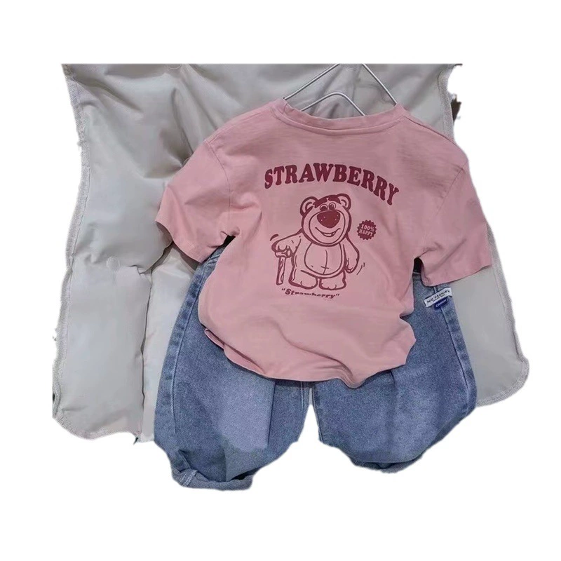 Детская футболка с принтом, 100% хлопок, короткий рукав, корейский стиль медведь, размеры 80–160 см