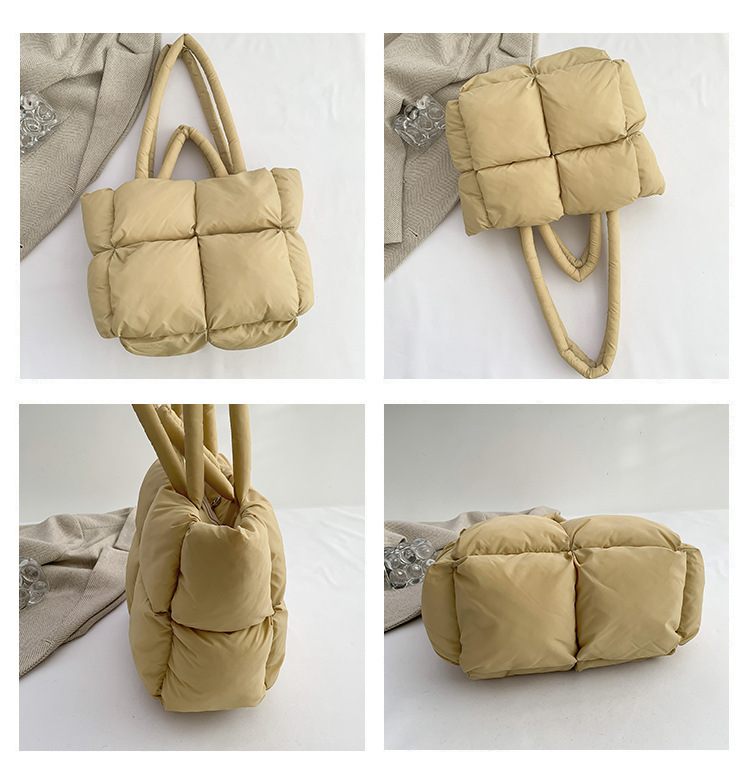 Neue Daunentasche, Baumwollkleidung, Damentasche, einfache, mit Baumwolle gefüllte Weltraumtasche, Einkaufstasche, weiche, karierte tragbare Umhängetasche_voghion.com
