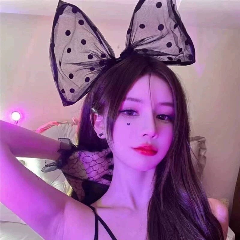 网红蕾丝发箍黑色兔子耳朵头箍舞会蕾丝发箍女高级感派对头饰批发|undefined