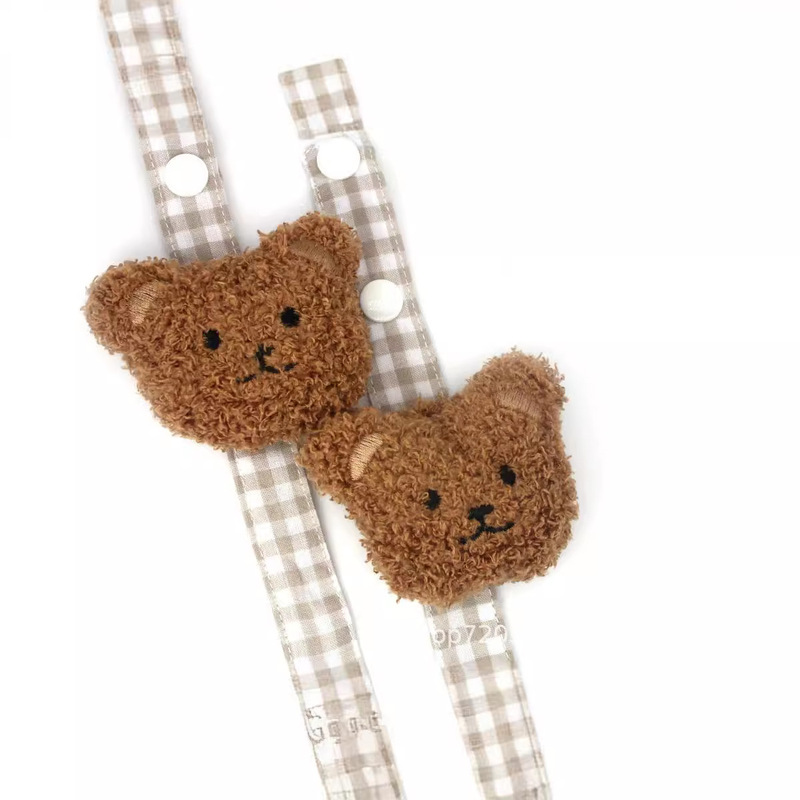 立体的なクマの頭の形をした格子柄のベビー用おしゃぶりチェーン、おしゃぶりクリップ、落下防止ロープ、紛失防止ロープ、綿製おしゃぶりチェーン|undefined