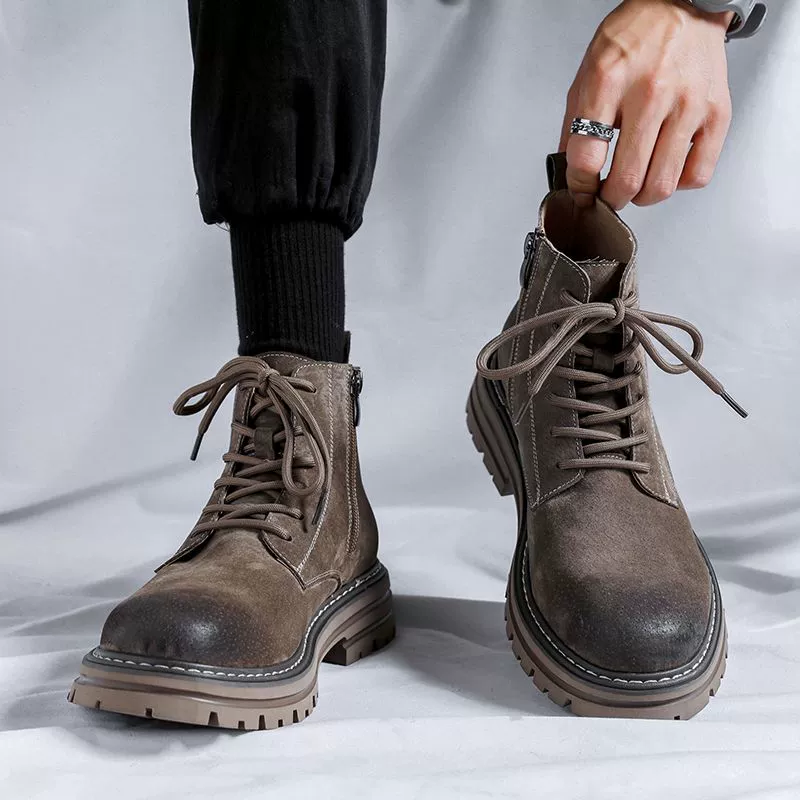 ботинки мужские низкие весенне-осенние ботинки из ревеса кожаные туфли с высоким берцем хлопковая обувь зимние бархатные рабочие ботинки для мужчин