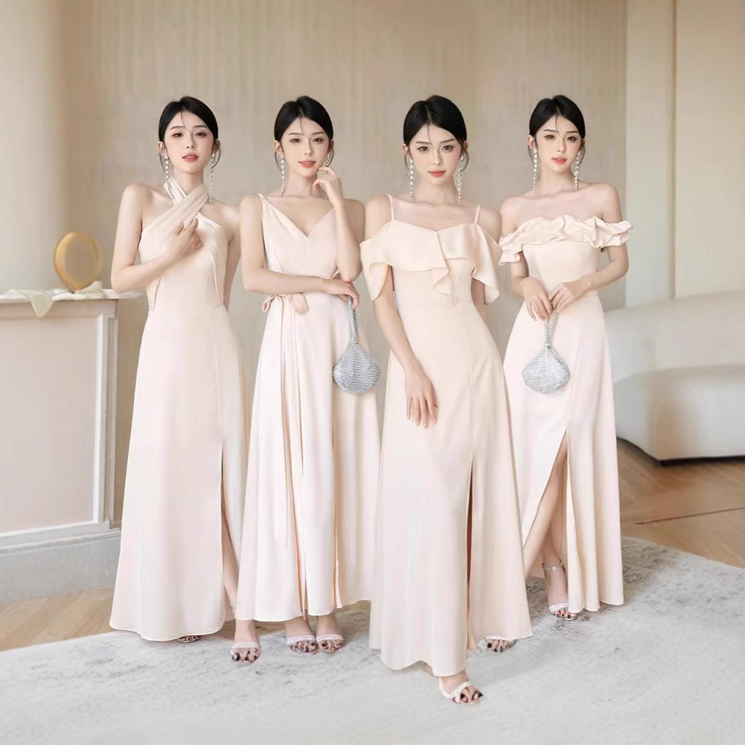 2026 New Champagne-Colored Dress for Coming-Of-Age Ceremony, Sister Group Dress, Bridesmaid Dress, Satin-Like Women's Evening Dress, Light Luxury Socialite Style