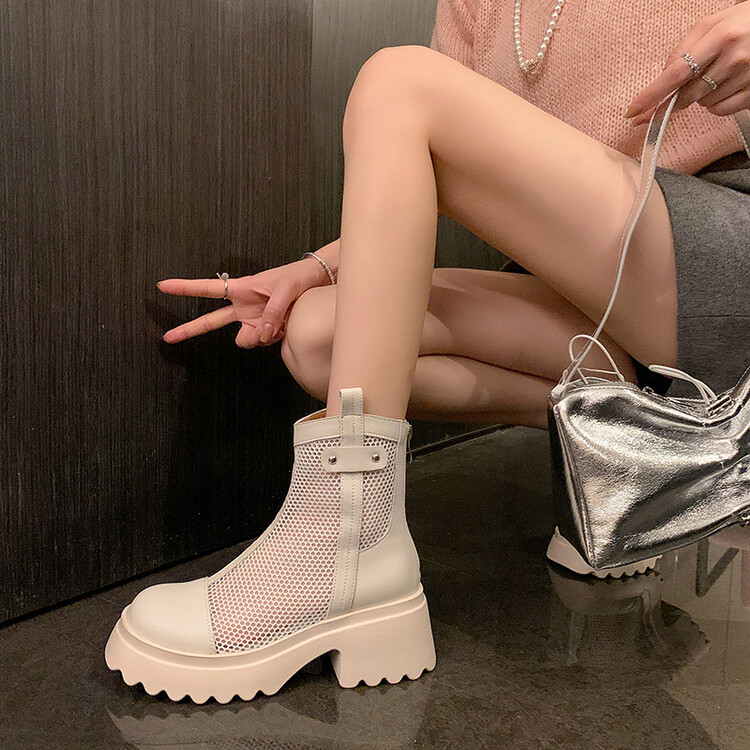 Boot nữ cổ cao đế dày gót bánh xốp da bò lưới thoáng khí xuân hè 2024 — Màu đen, Màu trắng be chi tiết 80