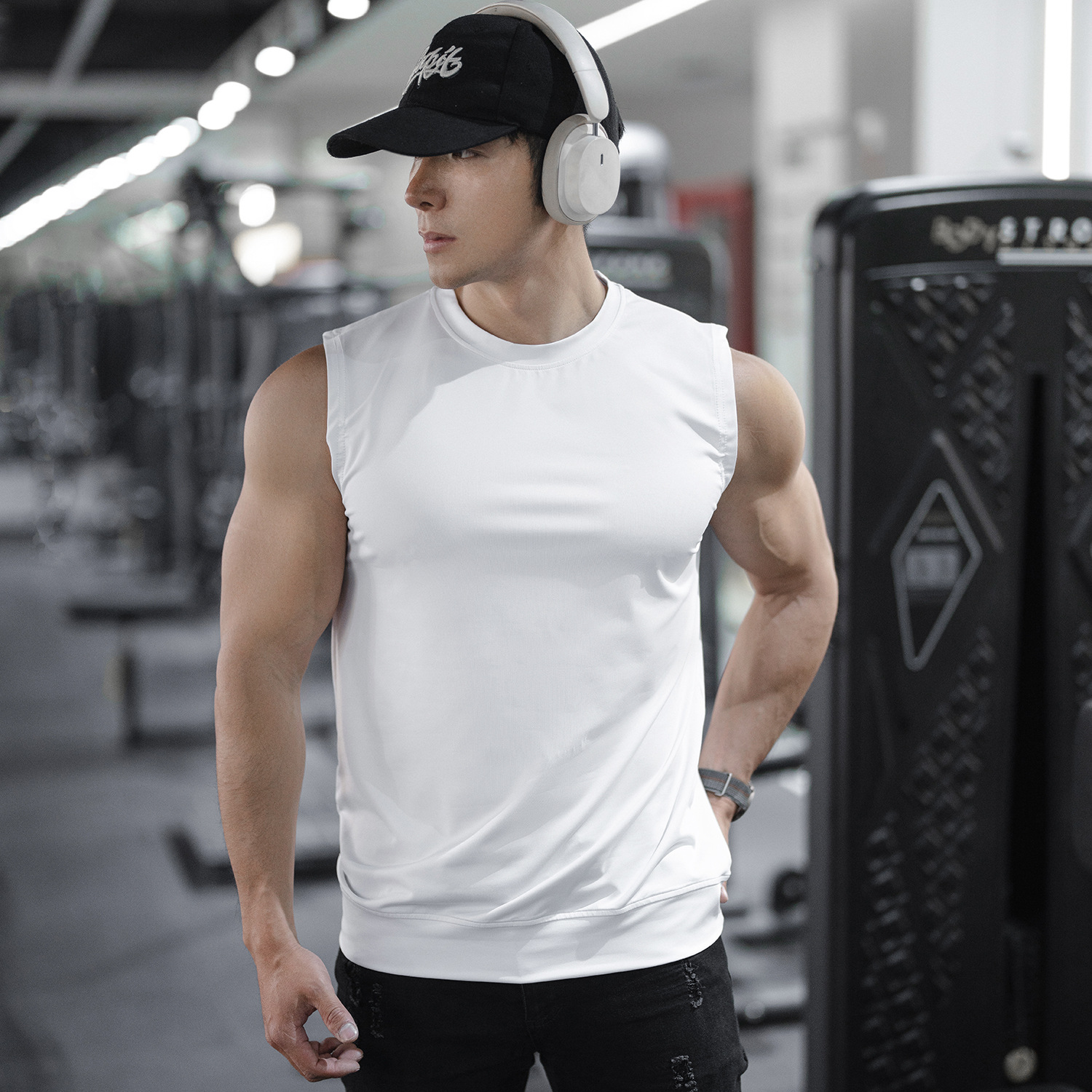Summer Men's New Sports Leisure Running Fitness Exercise Quick-Drying Elastic Solid Color Sleeveless Wide Shoulder Bottoming Vest