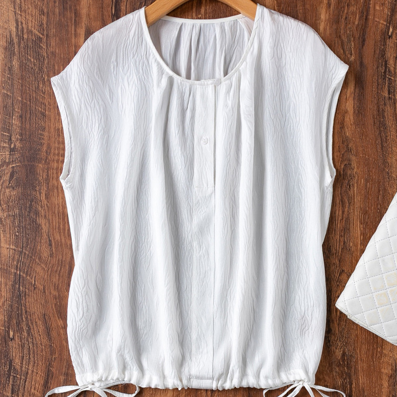 Black and White Balloon Shirt! Embossed Crepe Silk Round Neck Wide Shoulder Loose Hem Drawstring T-Shirt Women's Top