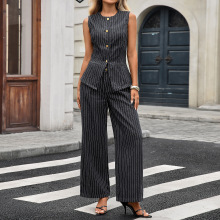 欧美跨境外贸女装秋季新款亚马逊独立站水洗休闲条纹无袖牛仔套装