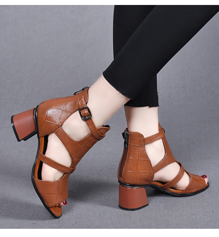 Sandal cao gót nữ da thật mũi hở kiểu Pháp gót vuông 9 cm — Màu nâu chi tiết 17