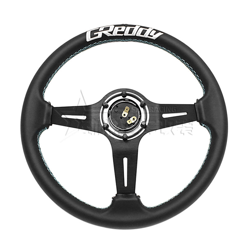 Cross-border best-selling car modification 14-inch 350mm genuine leather steering wheel, universal concave three-color stripe embroidered steering wheel