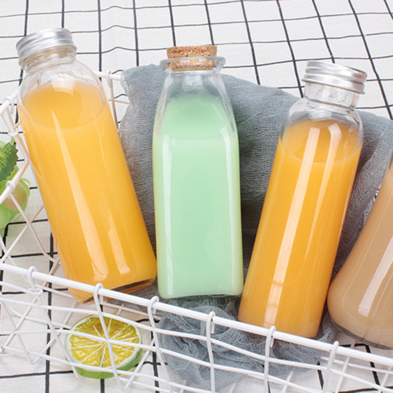 Botella de vidrio de té frío Botella de jugo de 350ml con tapa de aluminio para llevar botella de té de leche sellada botella de enzima de café recta