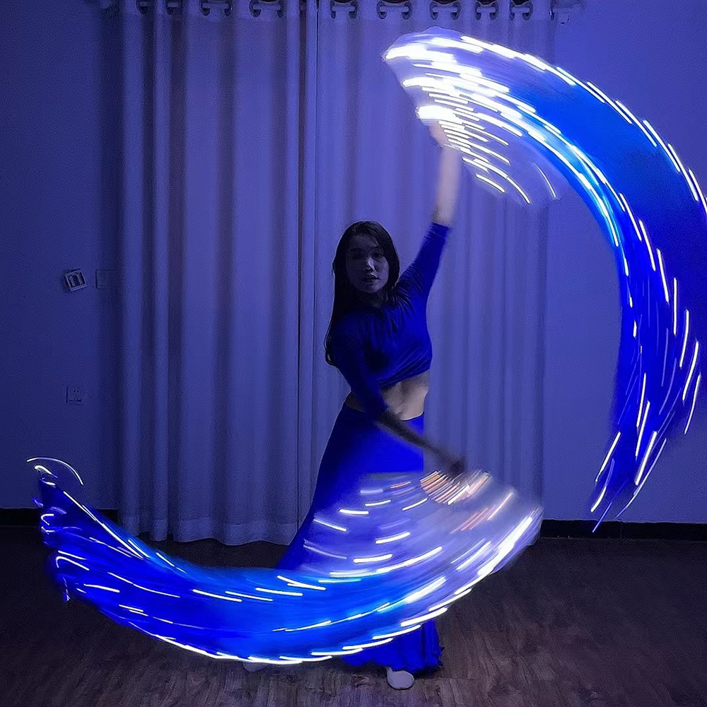 Nuevo LED luminoso ventilador blanco y azul gradiente tela de seda danza apoyos suave alambre luz carga etapa rendimiento