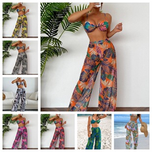 Amazon New Swimwear European and American Sexy Bikini Mesh Trousers Three-piece Split Women's Swimsuit Bikini