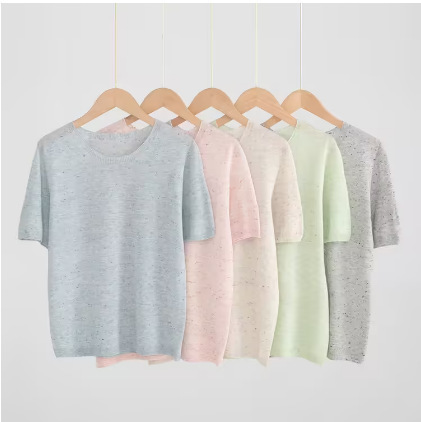 Summer Round-Neck Short-Sleeve Colorful Yarn Soft Skin-Friendly Wool Linen Knit Polka Dot Simple Seamless Pullover Top for Women