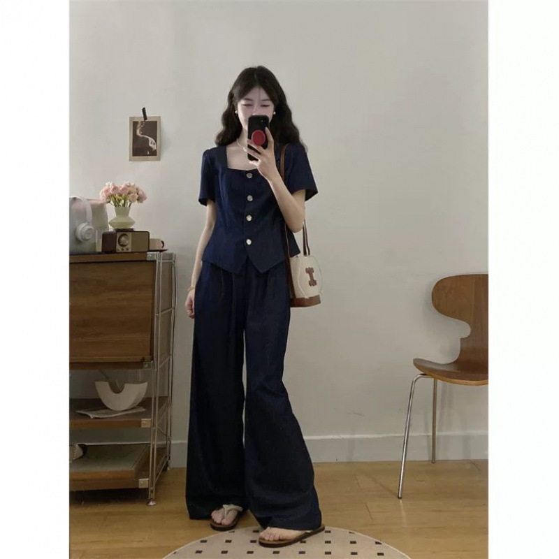 大きいサイズの夏服、年齢を軽減する服、太った女性のためのデニムトップス、ドレープワイドレッグパンツ、人気のスーツの完全なセット|undefined