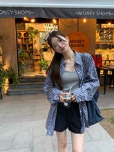 休闲慵懒风蓝色格子衬衫女秋季2024新款百搭宽松显瘦防晒长袖上衣
