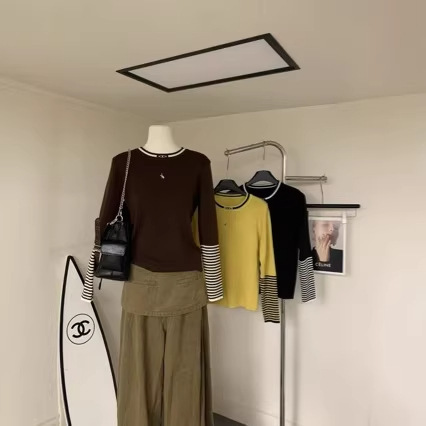 European and American Amazon Cross-Border Label D Brand Embroidered Sleeve Striped Patchwork Knit Top Exquisite Girl Pullover