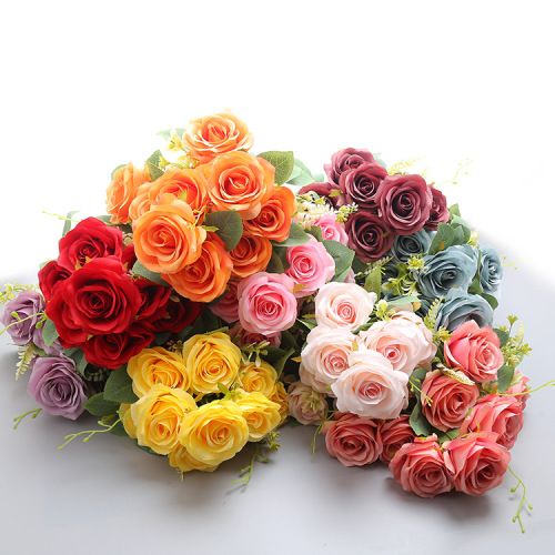 Simulated European autumn color 10-head rose bouquet wedding shopping mall home vase flower arrangement fake silk cloth flower decoration