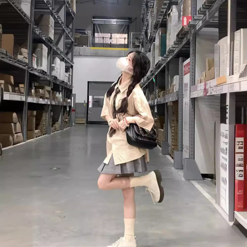 (2개) JK 유니폼 세트 봄과 여름 줄무늬 반팔 셔츠 여성 디자인 센스 틈새 캐주얼 일본 대학 스타일 셔츠