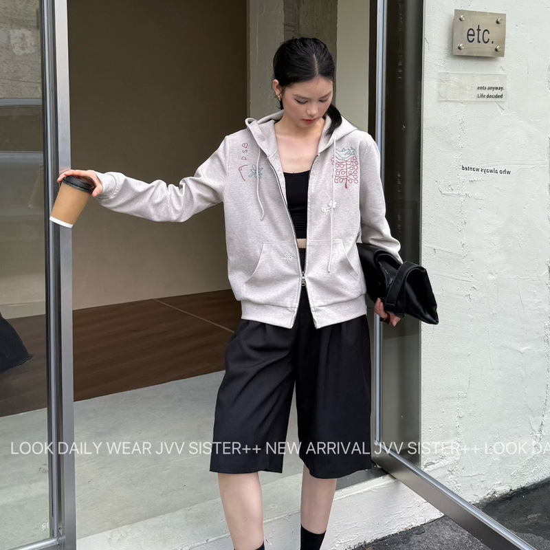 JVV十三行2025秋季新款连帽宽松趣味刺绣图案休闲卫衣外套女90598|undefined
