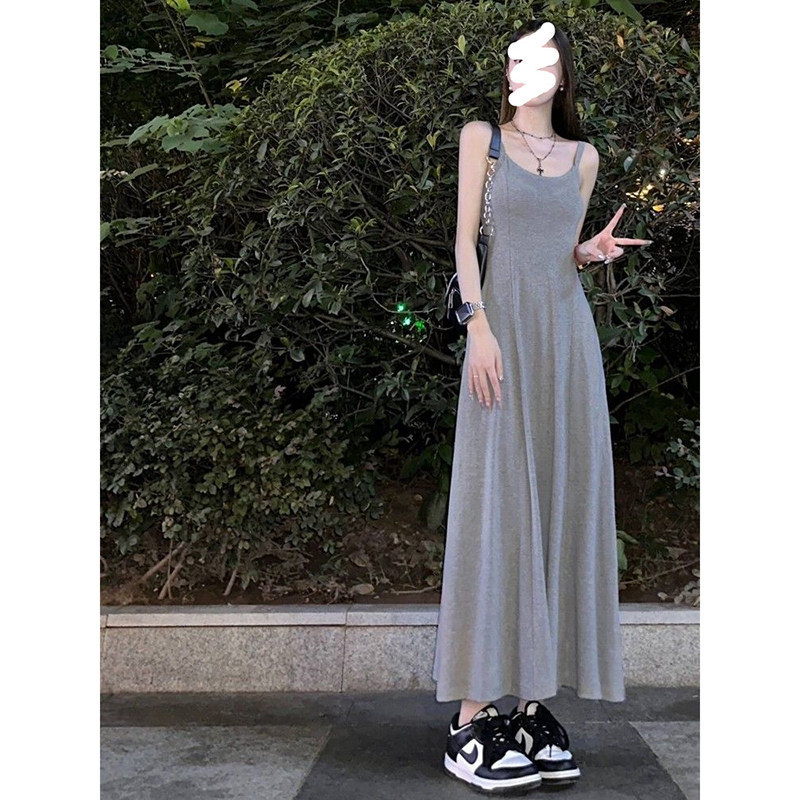 New Style French-Style Backless Long Dress for Women, Summer Slim-Fit Gray Tie Dress with Chest Pads and Straps New Style French-Style Backless Long Dress for Women, Summer Slim-Fit Gray Tie Dress with Chest Pads and Straps