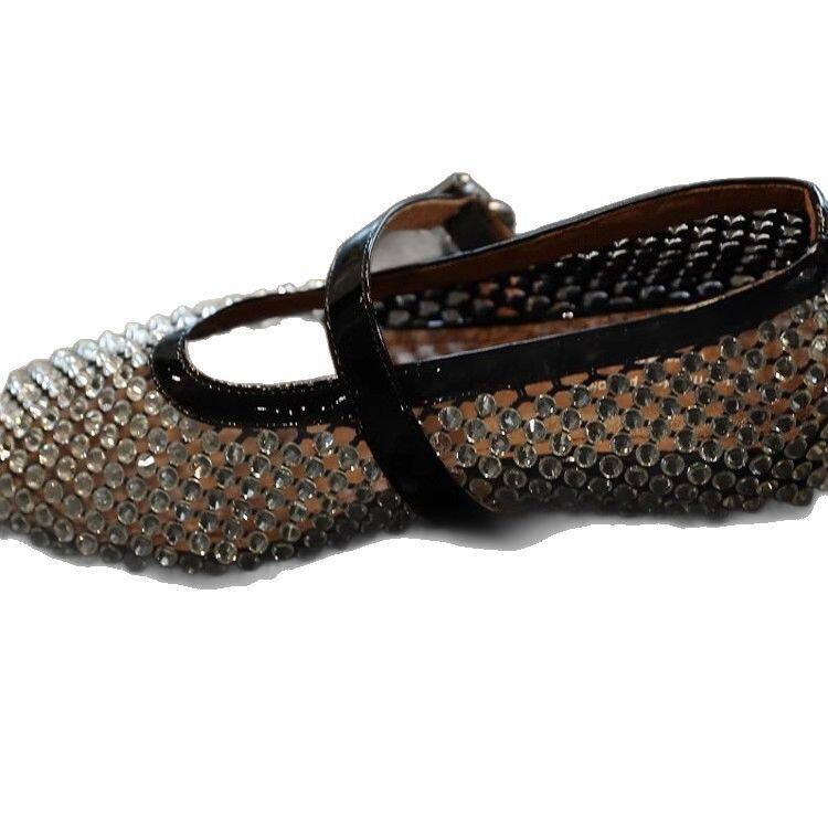 Giày búp bê Mary Jane nữ đế bằng tăng chiều cao 4 cm, mũi tròn, đính đá lấp lánh, quai khóa cài — Màu bạc, màu vàng kim, màu đen chi tiết 12