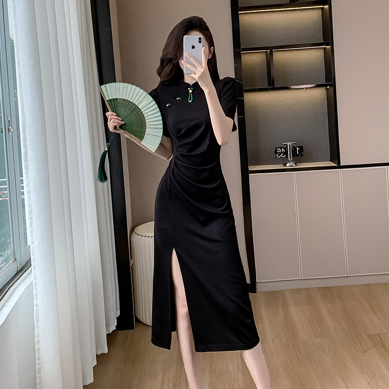夏季高品质新款新中式国风高级感旗袍修身显瘦黑色长款包臀连衣裙