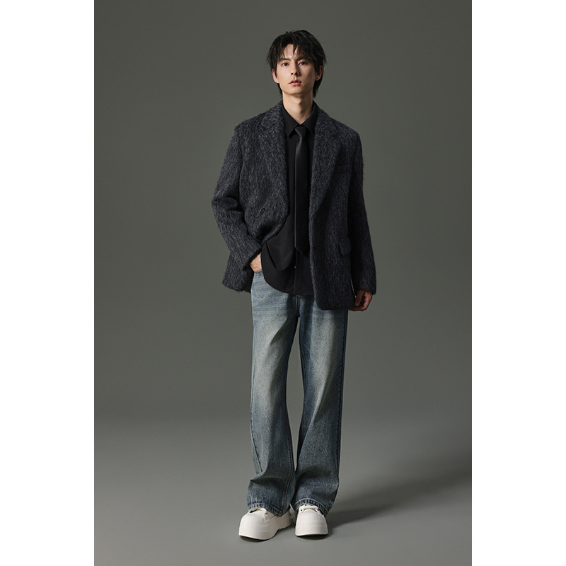 겨울 두꺼운 모직 세트 남성용 워터 리플 하이 레벨 최고 마이크로 느슨한 따뜻한 유지 디자인 남성용 강아지 잘 생긴 자켓 느낌