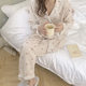Spring and Autumn Pajamas Women Milk Silk apricot Plaid Cherry Long Sleeve Loose Cardigan Outwear Home Wear suit Wholesale