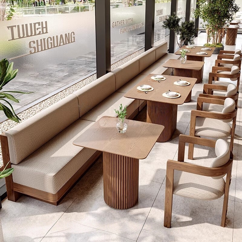 Teahouse Restaurant Solid Wood Sofa Coffee Western Restaurant Table and Chair Combination Commercial Baking Dessert Milk Tea Shop Wall Booth