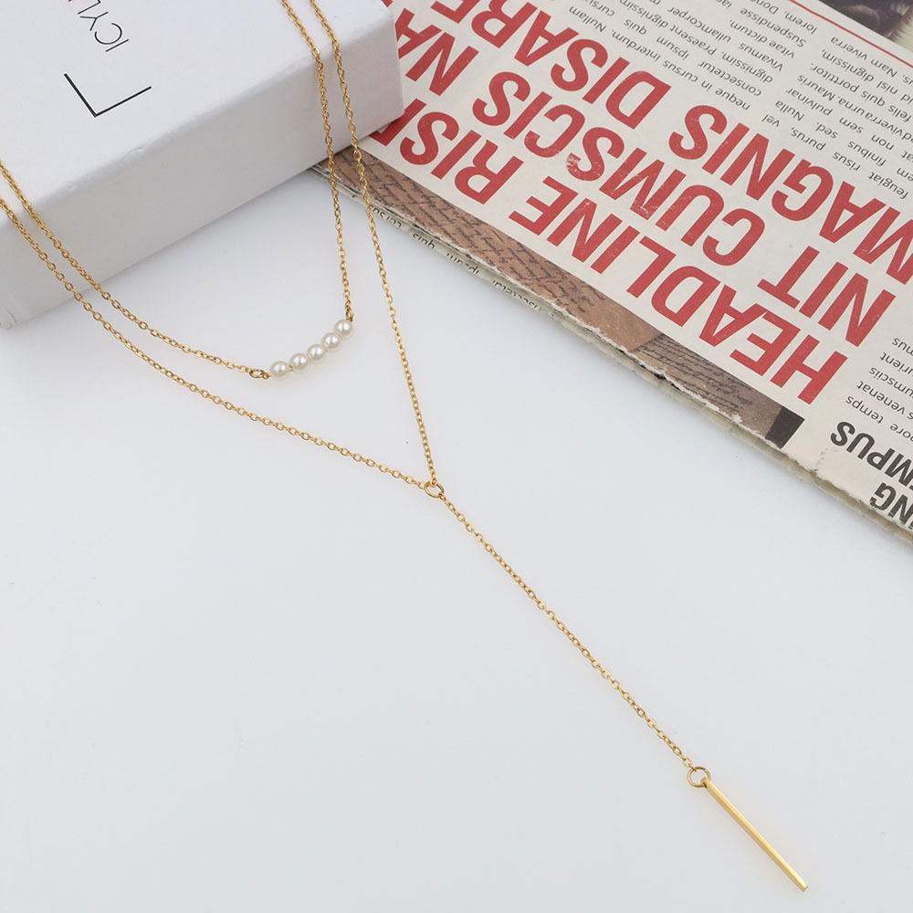 Simple Style Double Layered Fringe Pearl Stainless Steel Necklace