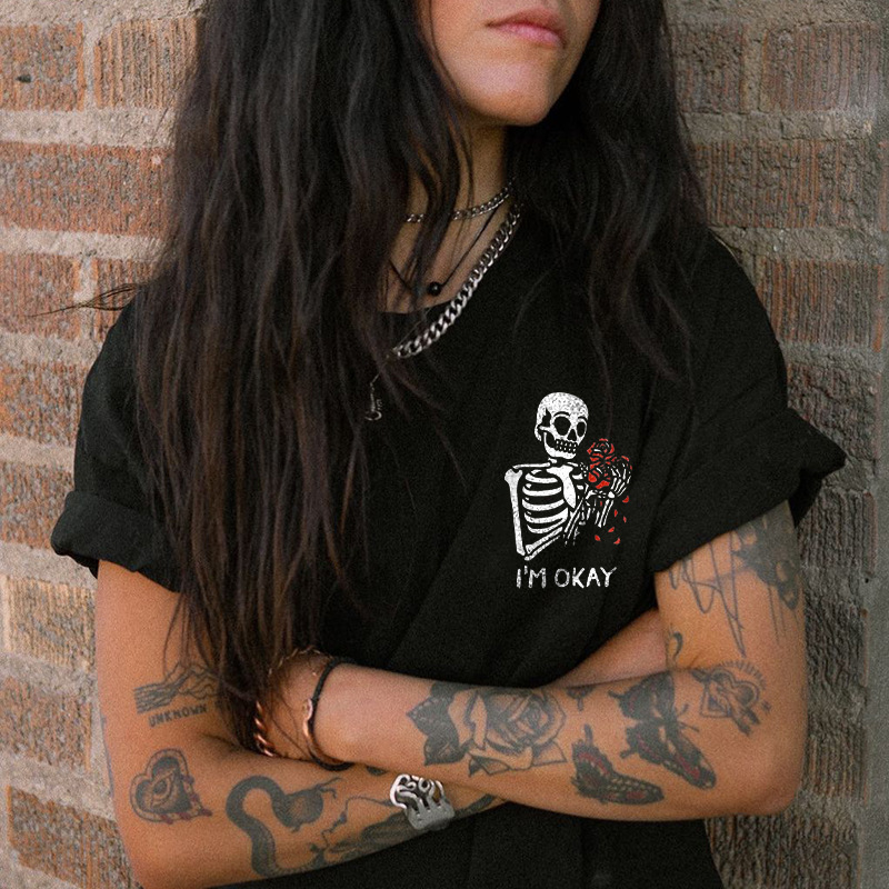 Verano Y2K tops de mujer casual retro de manga corta niña suelta cuello redondo camiseta negra Pedido mínimo de una pieza