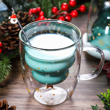 ins雙層隔熱帶把玻璃水杯牛奶杯辦公咖啡杯聖誕樹杯可愛星願杯子