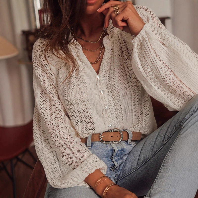 2025 Cross-Border Amazon New Loose Fashion Versatile Hollow Lace V-Neck Single-Breasted Long-Sleeve Shirt