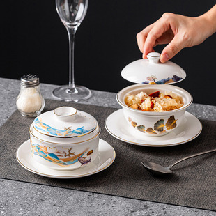 Ceramic steamer household water-proof stewed wings stewed bird's nest dessert soup steamed egg with lid one person gold-painted hotel tableware