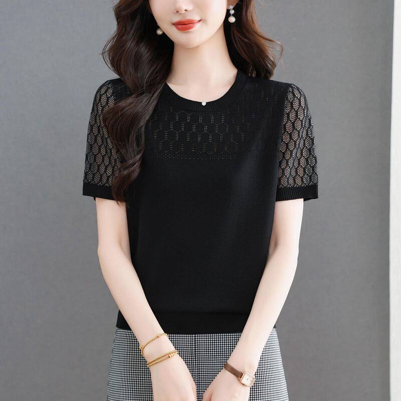 2026 Summer New Lace Short-Sleeved Knit Shirt for Women, Round Neck Mesh Splicing Ice Silk T-Shirt Slimming Top