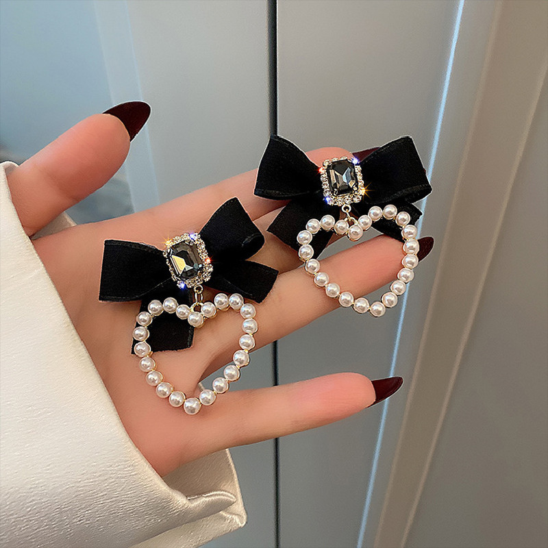 @Oferta Especial@ Pendientes Grandes con Lazo de Perlas Dulces y Elegantes al Estilo Coreano, Pendientes de Botón Elegantes con Forma de Corazón Estilo Princesa para Mujer