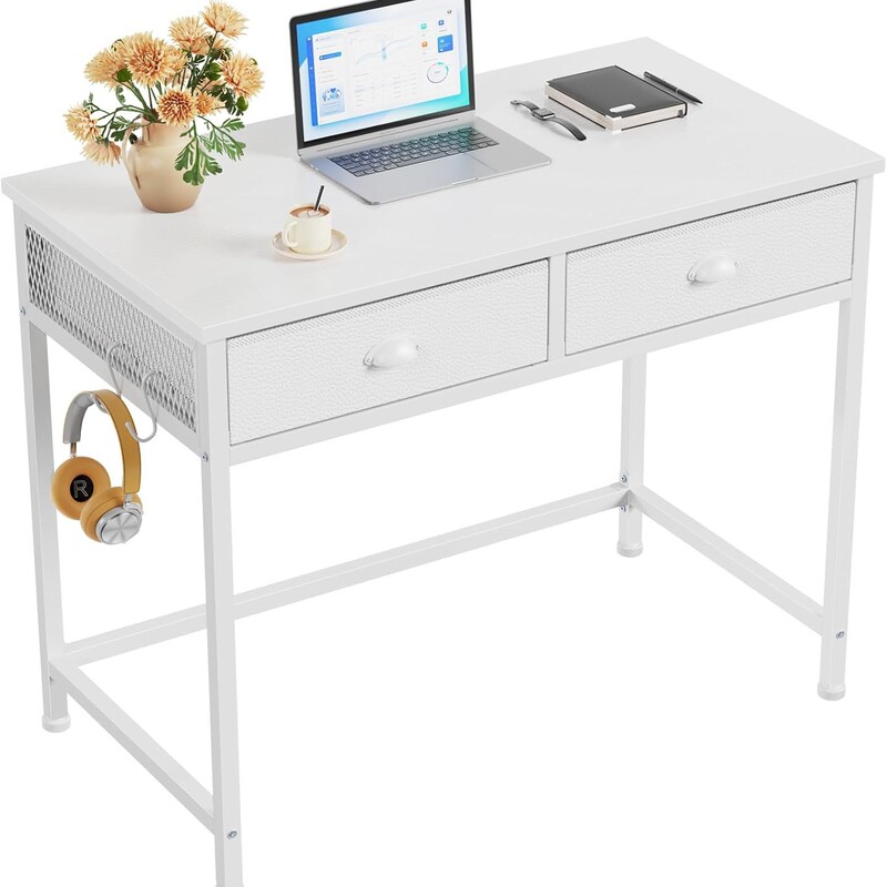 White Small Computer Desk with Drawer Casual Home Office Writing Desk with Hook Small Computer Desk