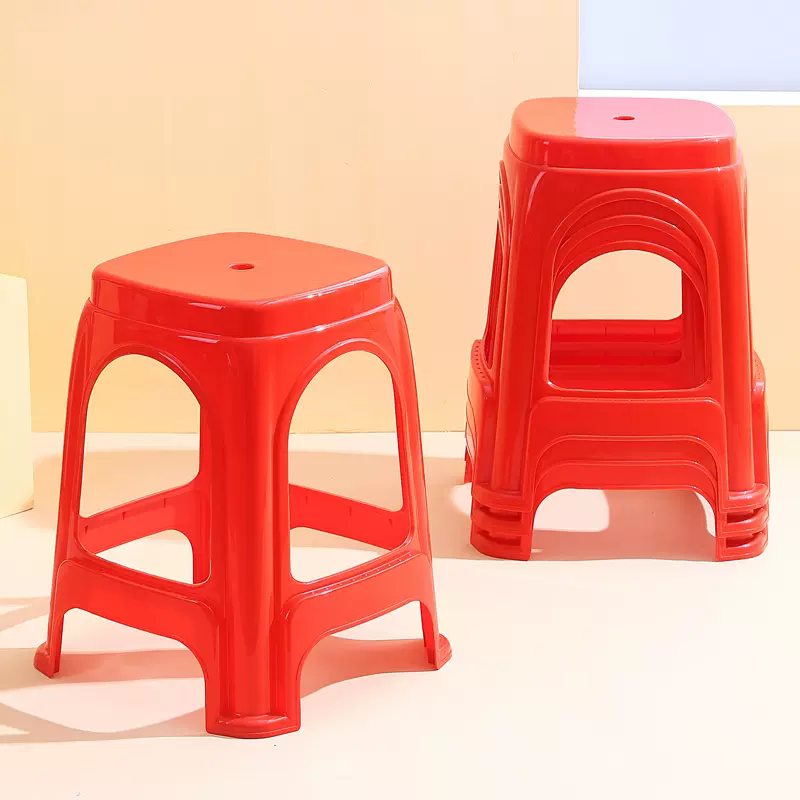塑料凳子家用餐椅厨房酒席排档椅子高凳可叠放红色方凳子过年批发