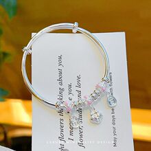 足银990蝴蝶结中童手镯平安喜乐大童银镯可爱萌趣亮面首饰批发