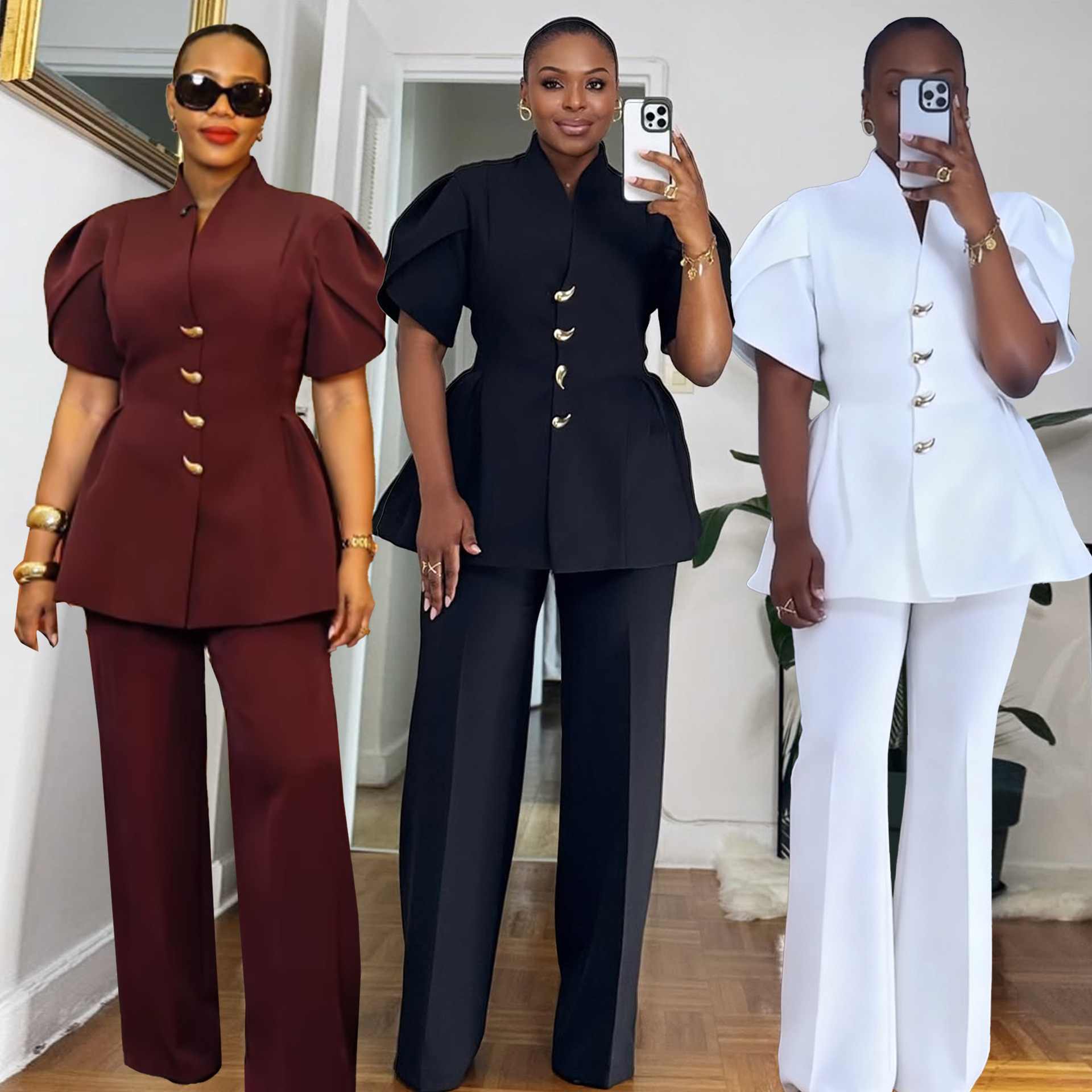 Women's Clothing Elegant Commuter Two Piece Set With Puff Sleeves And Unique Buttons For Women For Formal & Casual_voghion.com