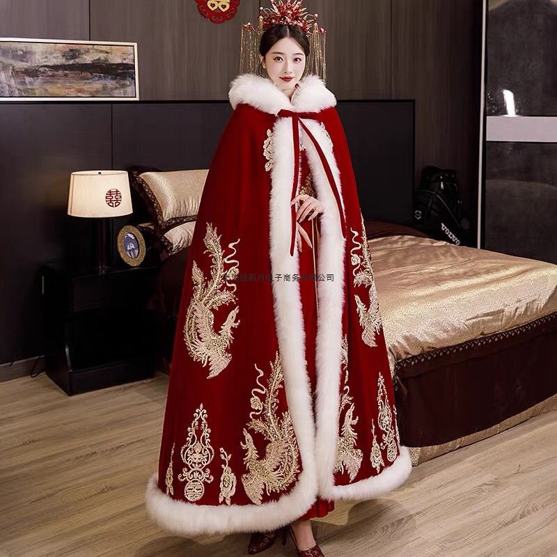红色秀禾服披风中式新娘婚礼披肩结婚斗篷加厚毛领汉服女披风冬款
